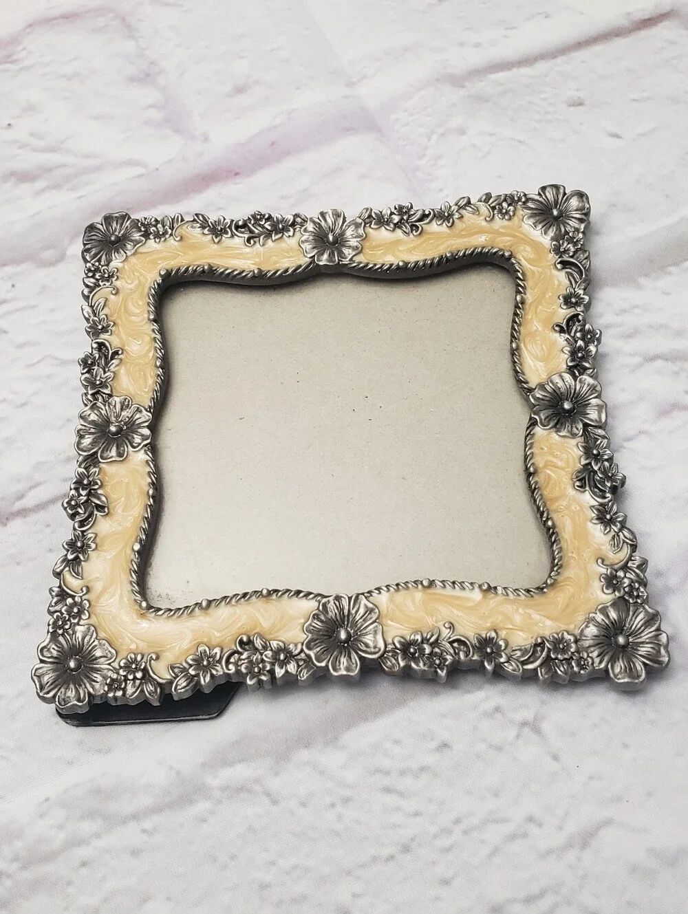 Pewter & Enamel Floral Square Easel-Back Picture Frame